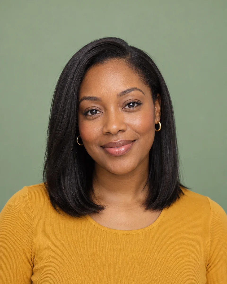 Before: The same woman with long loose dark curls in a mustard top against a sage green backdrop