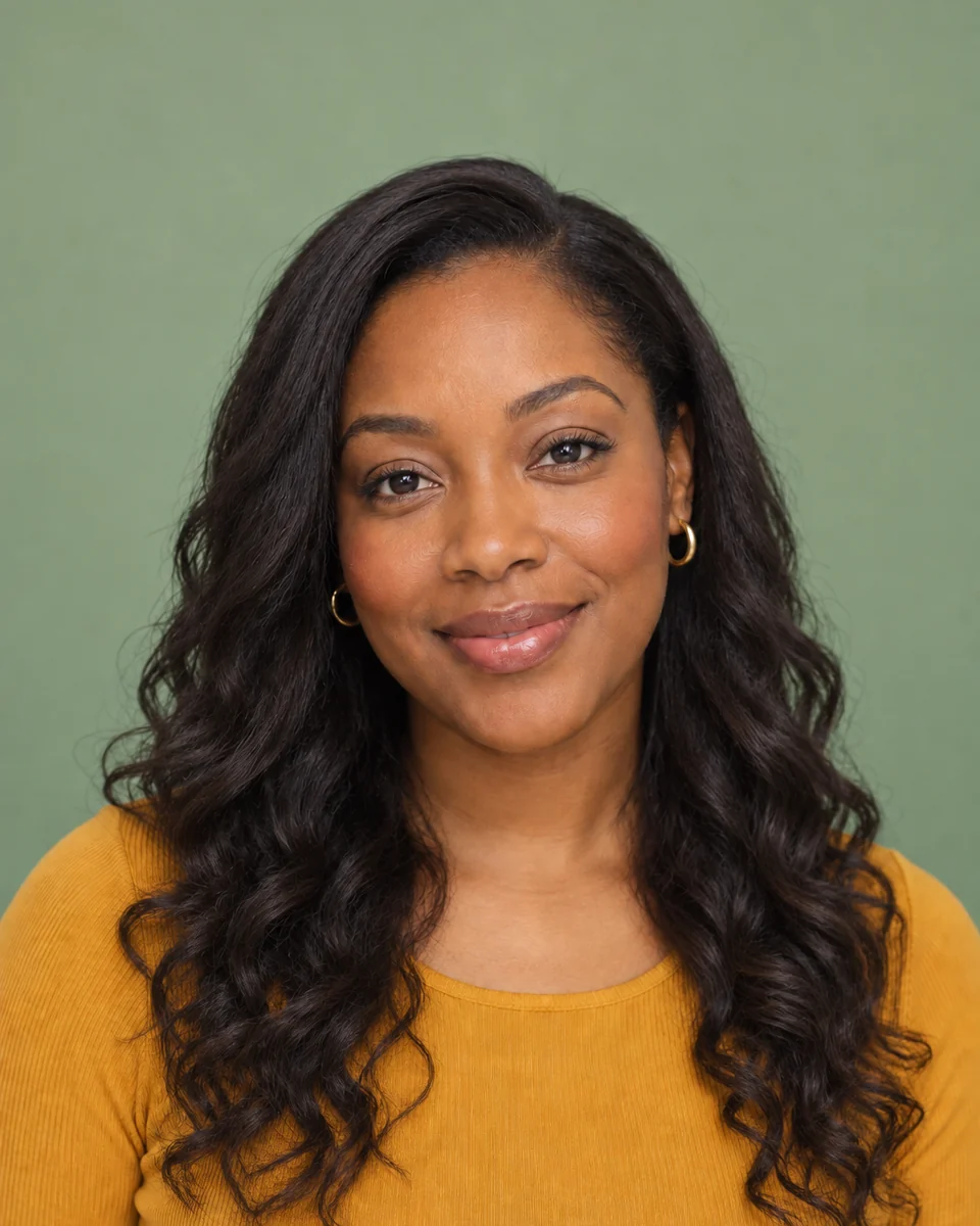 After: The same woman with long loose dark curls in a mustard top against a sage green backdrop