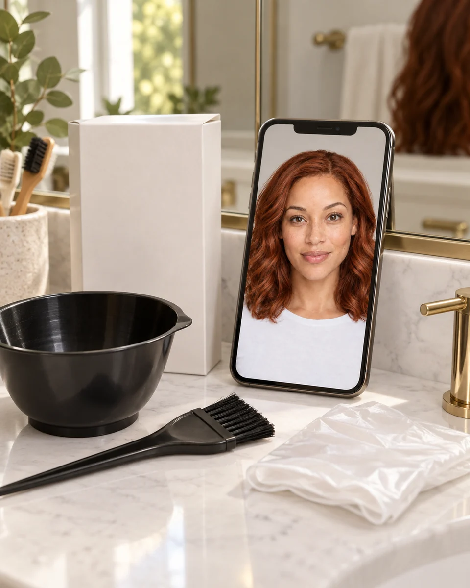 Hair dye kit on a bathroom counter beside a phone showing a copper hair try-on