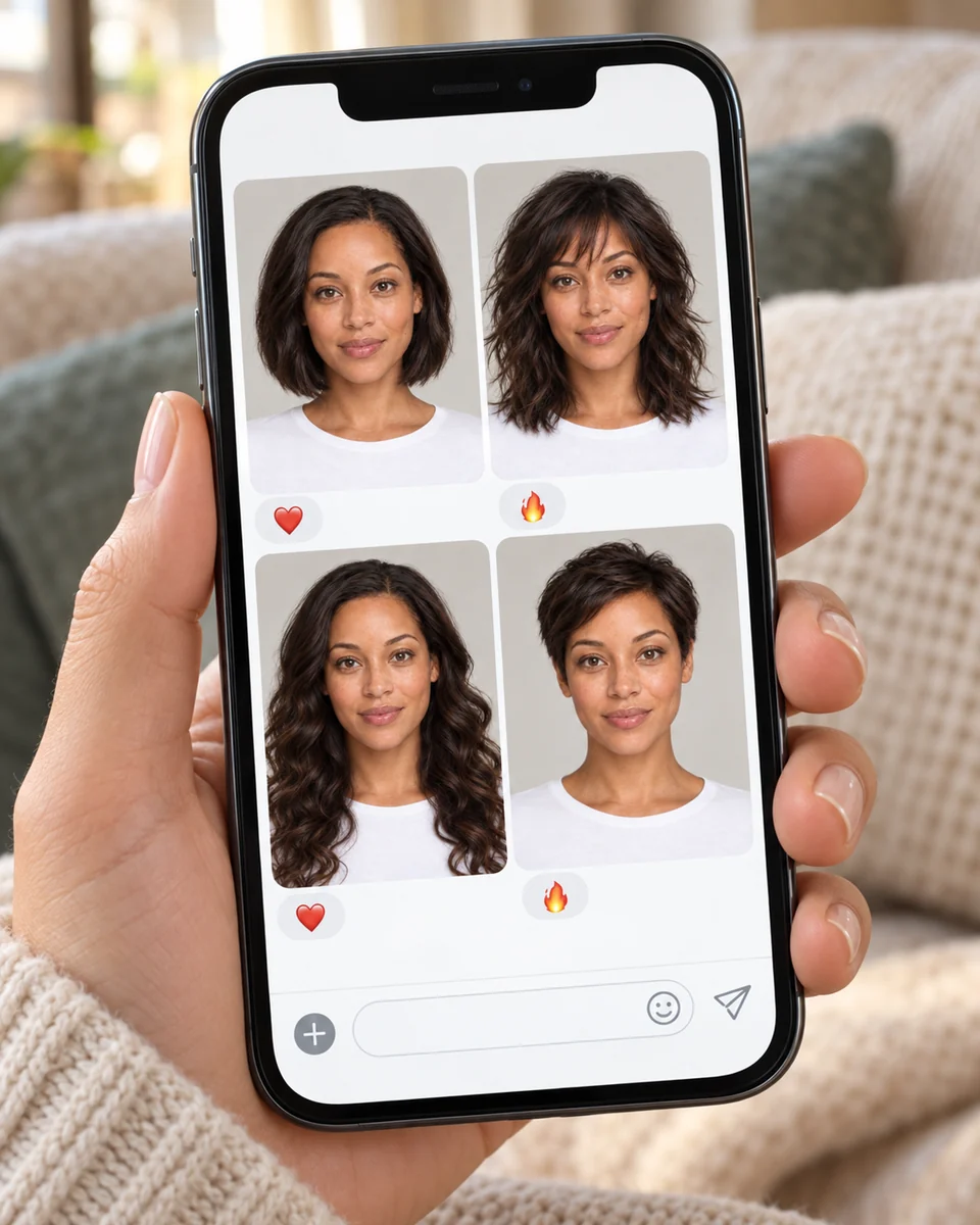 Phone showing a group chat with four haircut try-ons of the same woman