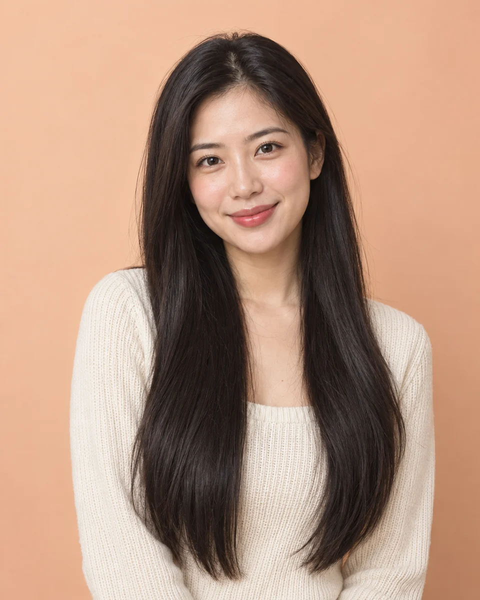 Before: The same woman with a short black pixie cut in a cream sweater against a peach backdrop