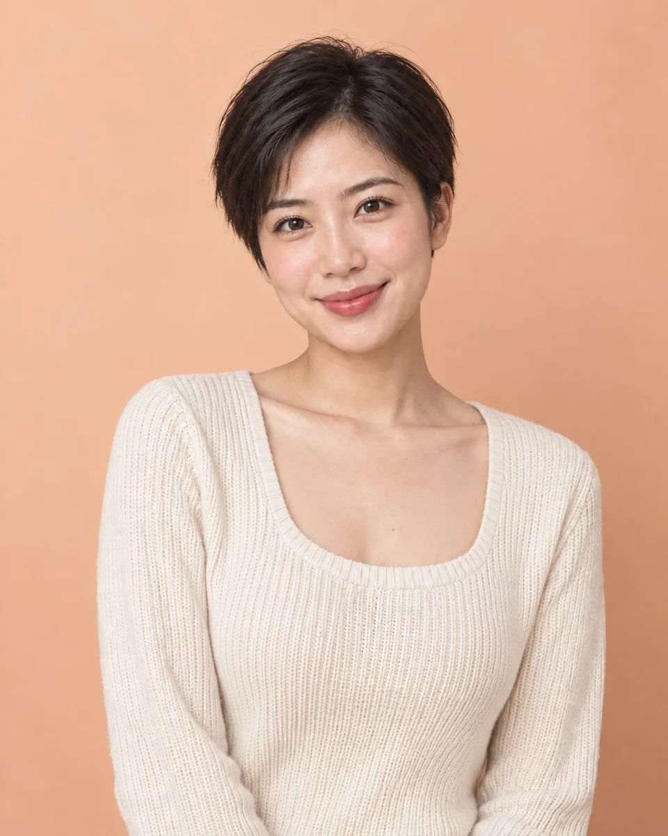 After: The same woman with a short black pixie cut in a cream sweater against a peach backdrop