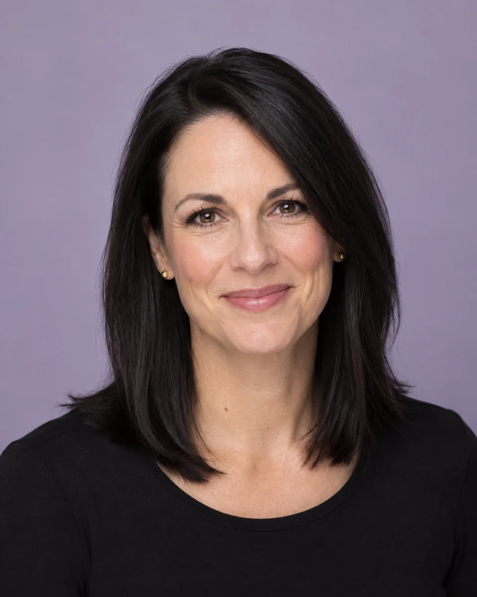 Before: The same woman with platinum blonde shoulder-length hair in a black top against a lavender backdrop