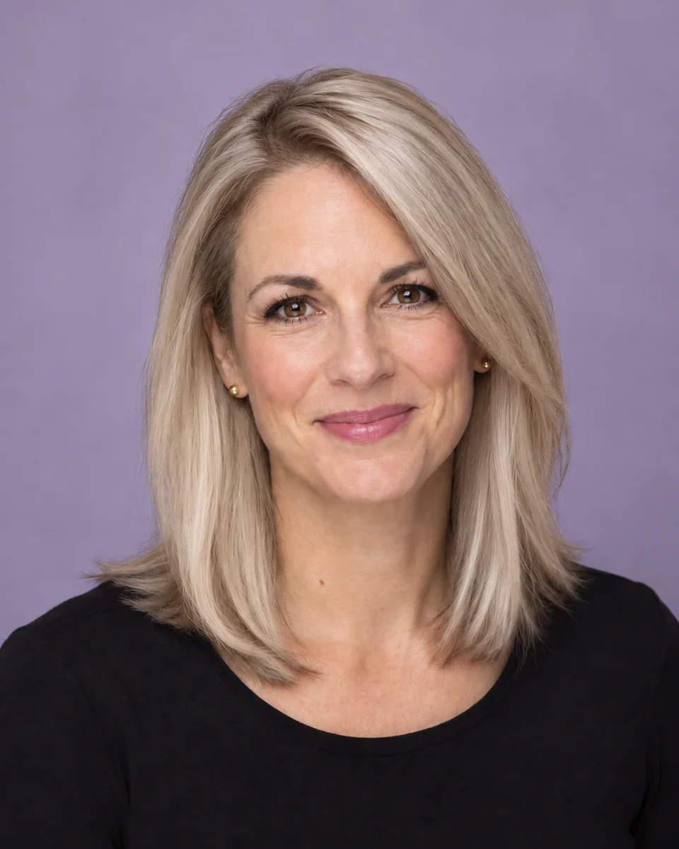 After: The same woman with platinum blonde shoulder-length hair in a black top against a lavender backdrop