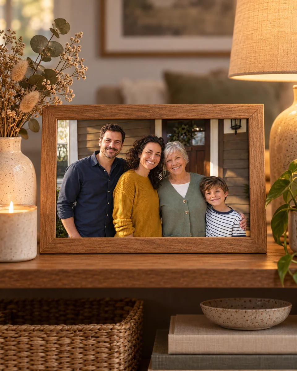 Framed family photo on a living-room shelf beside dried flowers and a candle