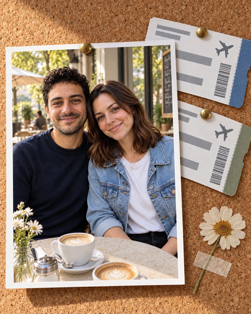 Printed photo of a couple at a café pinned to a cork board beside two boarding passes
