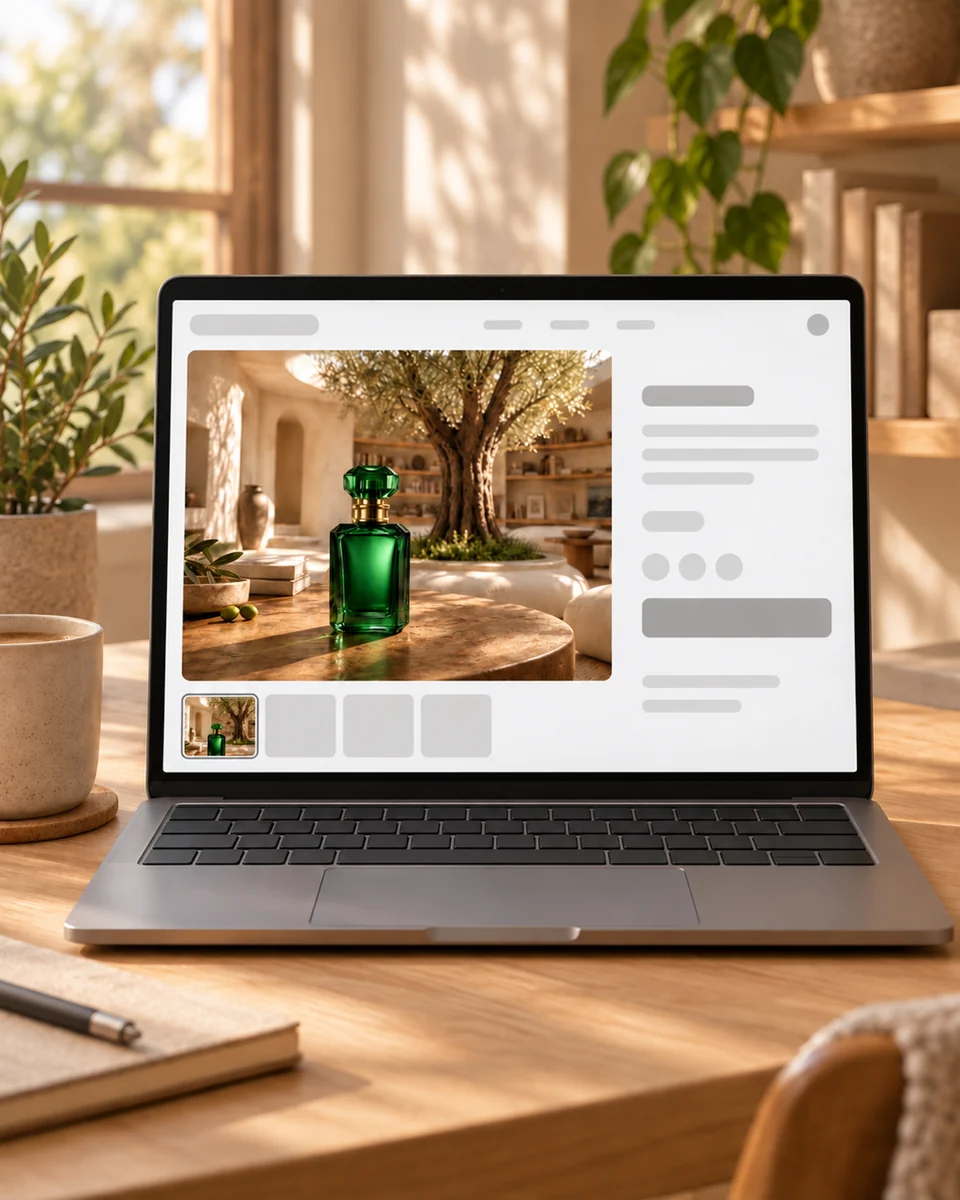 Laptop on a desk showing an online shop page with the perfume bottle on a sunlit table