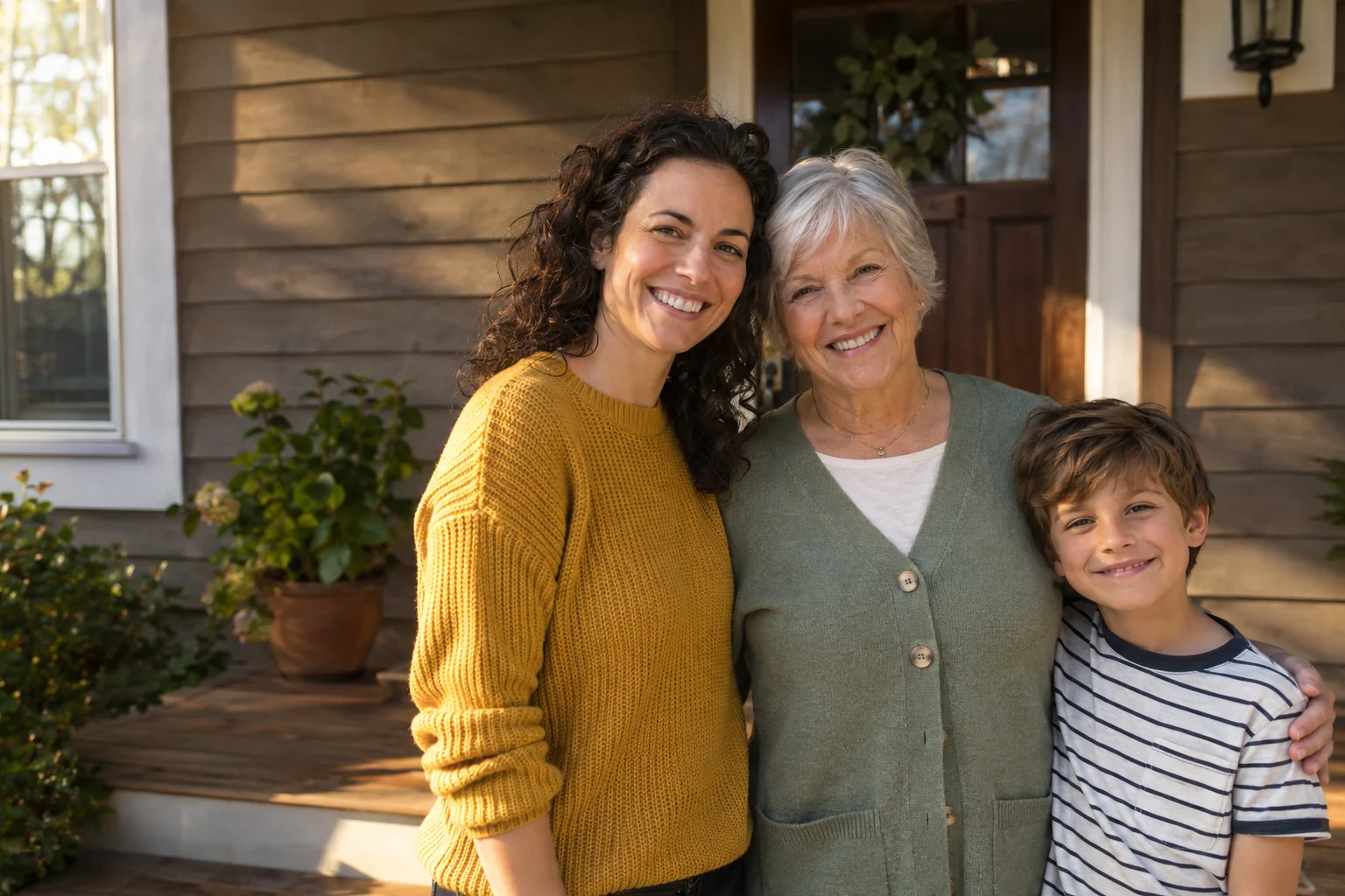 Grandmother, mother and young boy smiling on the front steps of a wooden house