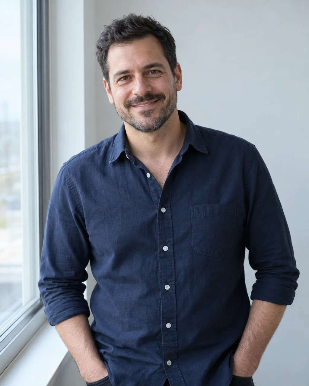Smiling man in a navy shirt photographed indoors by a window