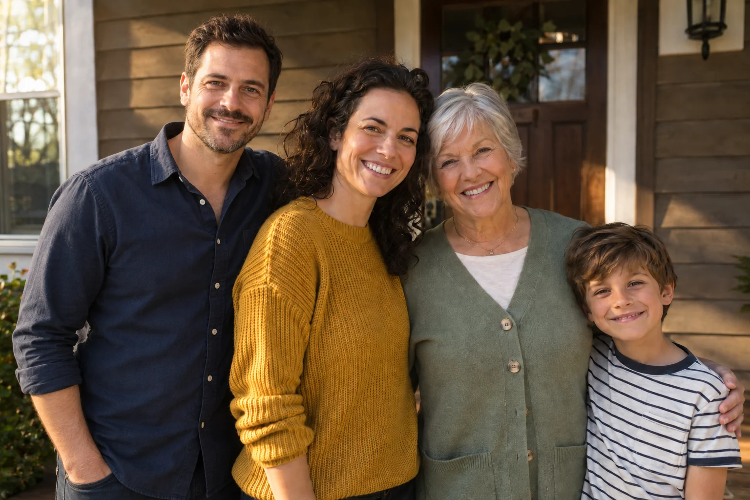 The same family on the porch steps with the man standing beside them