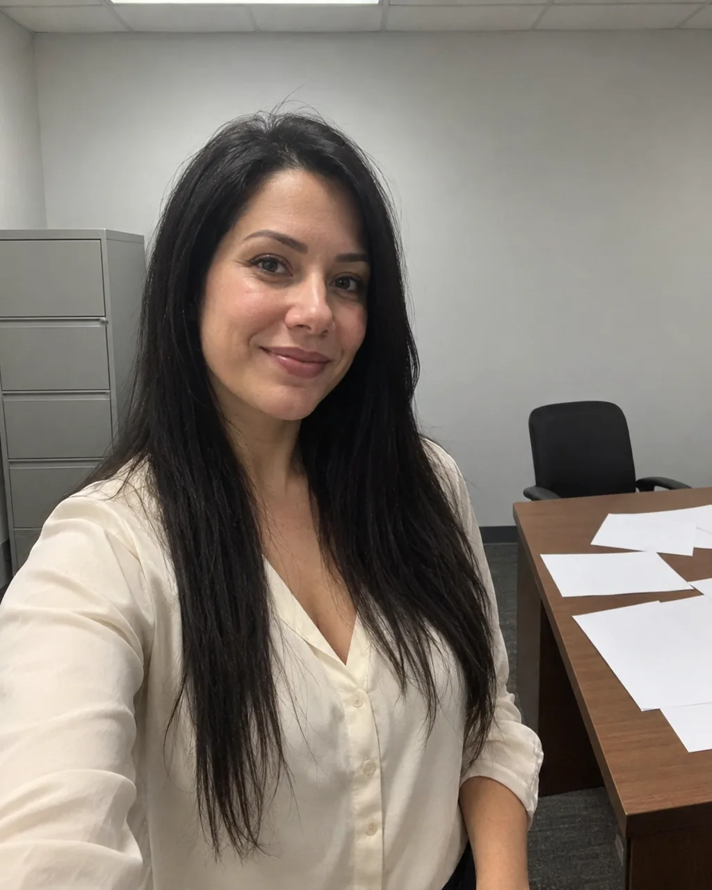 Donna fotografata in un ufficio semplice