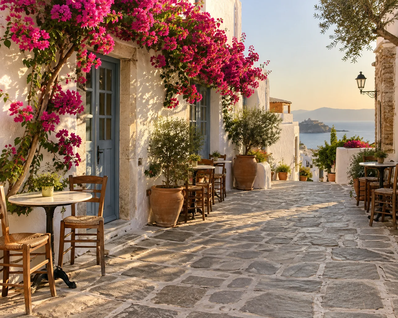 Strada soleggiata con terrazza di un bar e bougainvillea