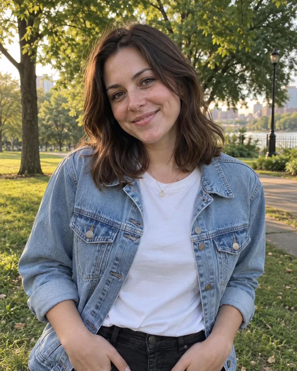 Frau mit Jeansjacke in einem Park fotografiert