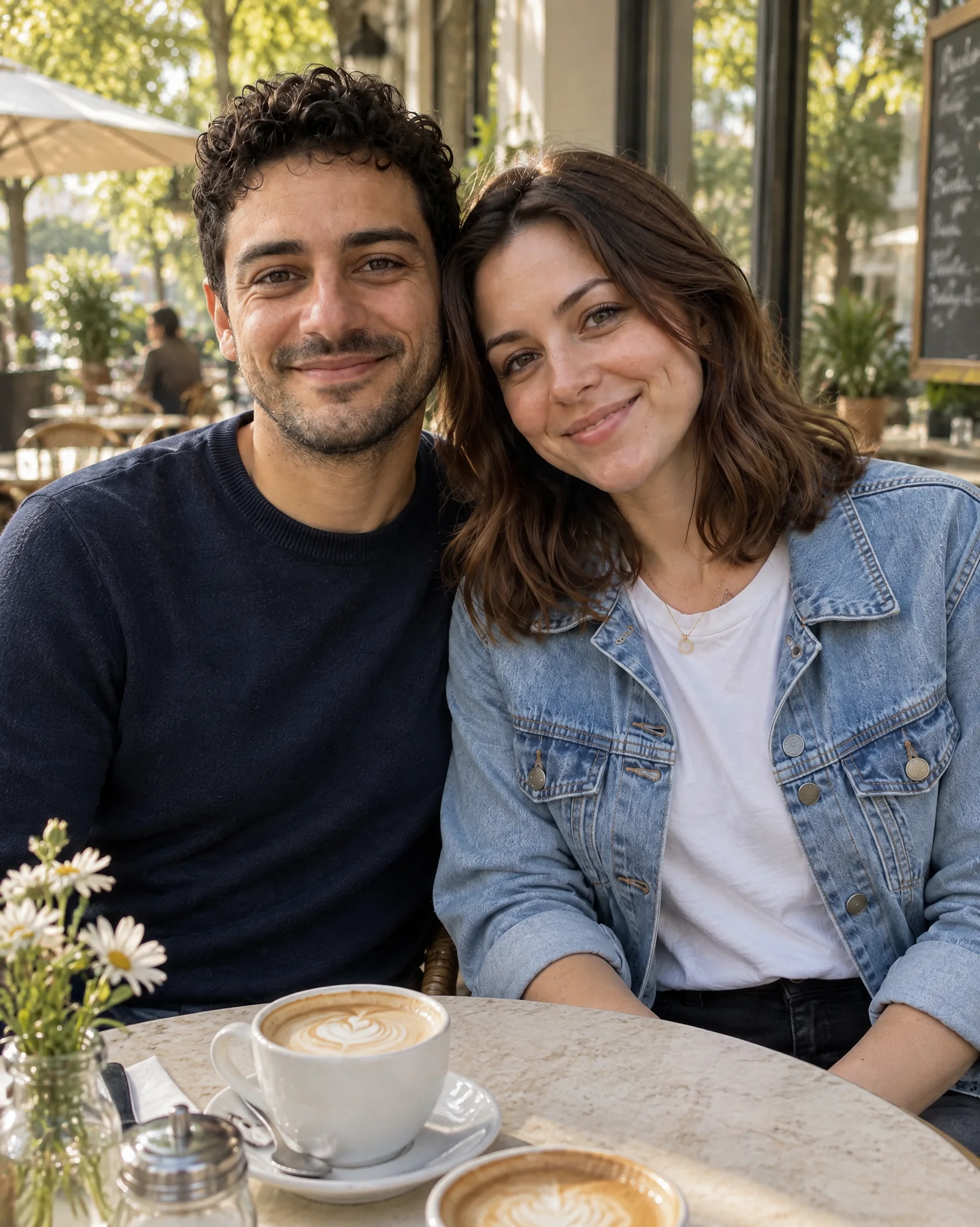 La donna con la giacca di jeans e l'uomo con il maglione blu scuro fianco a fianco a un tavolino del bar