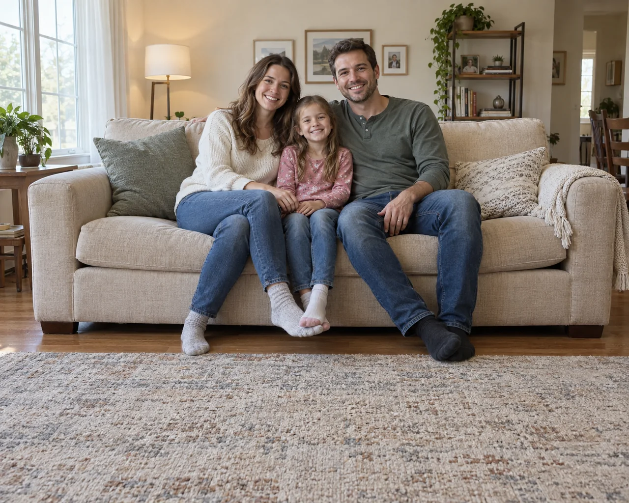 Famiglia di tre persone seduta su un divano