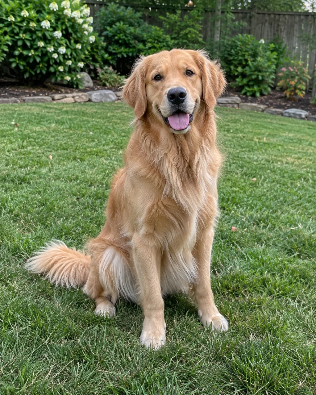 Golden retriever seduto su un prato
