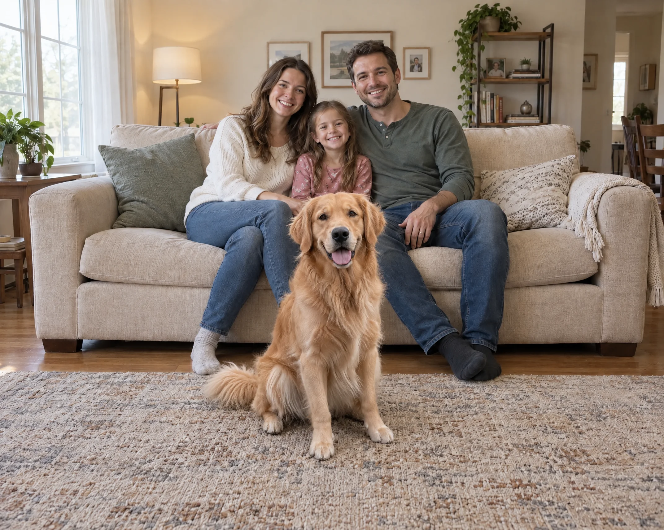 Golden retriever aggiunto a una foto di famiglia sul divano con un combinatore di foto AI