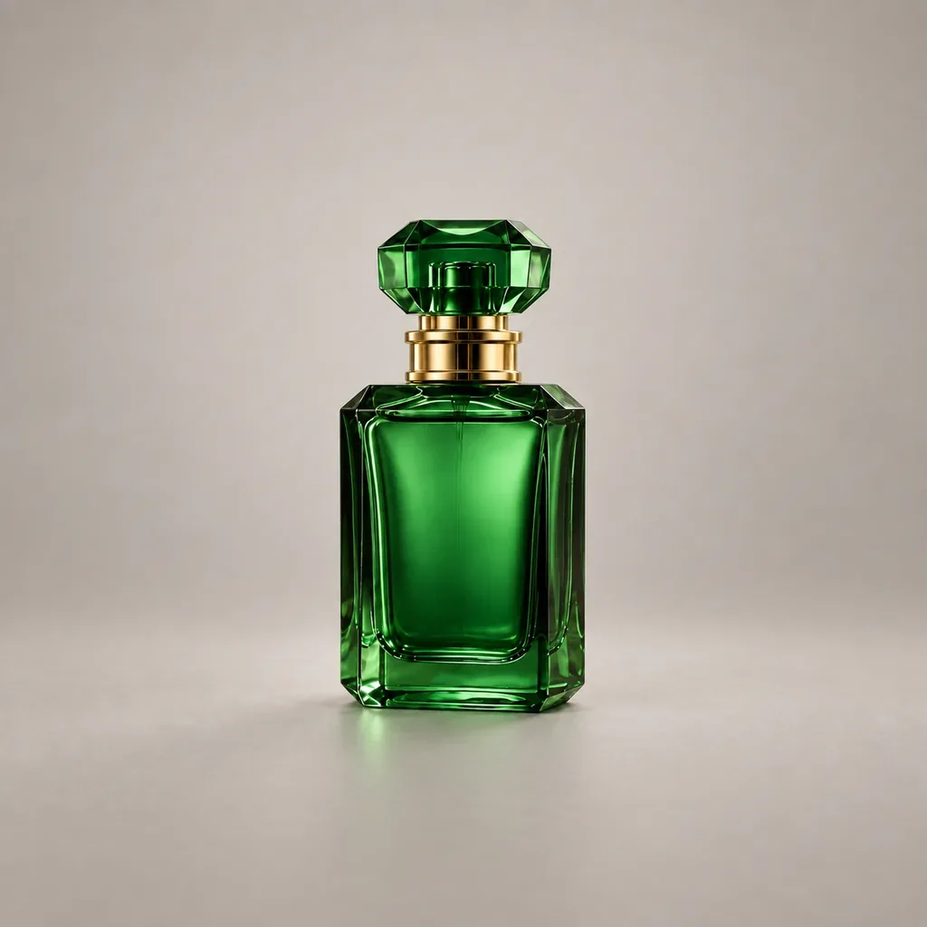 Flacone di profumo verde smeraldo come riferimento del prodotto