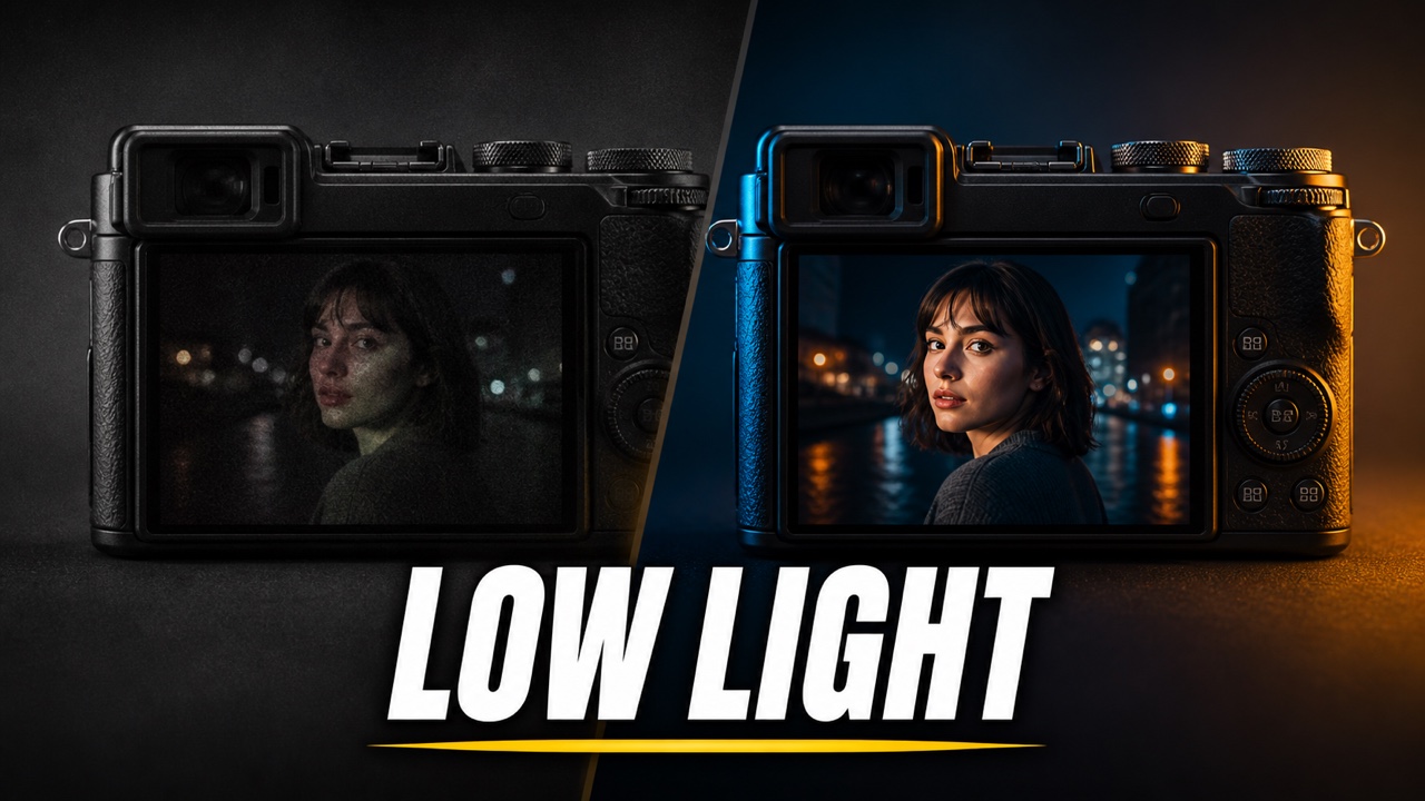 Split-screen YouTube thumbnail comparing noisy and clean low-light camera results