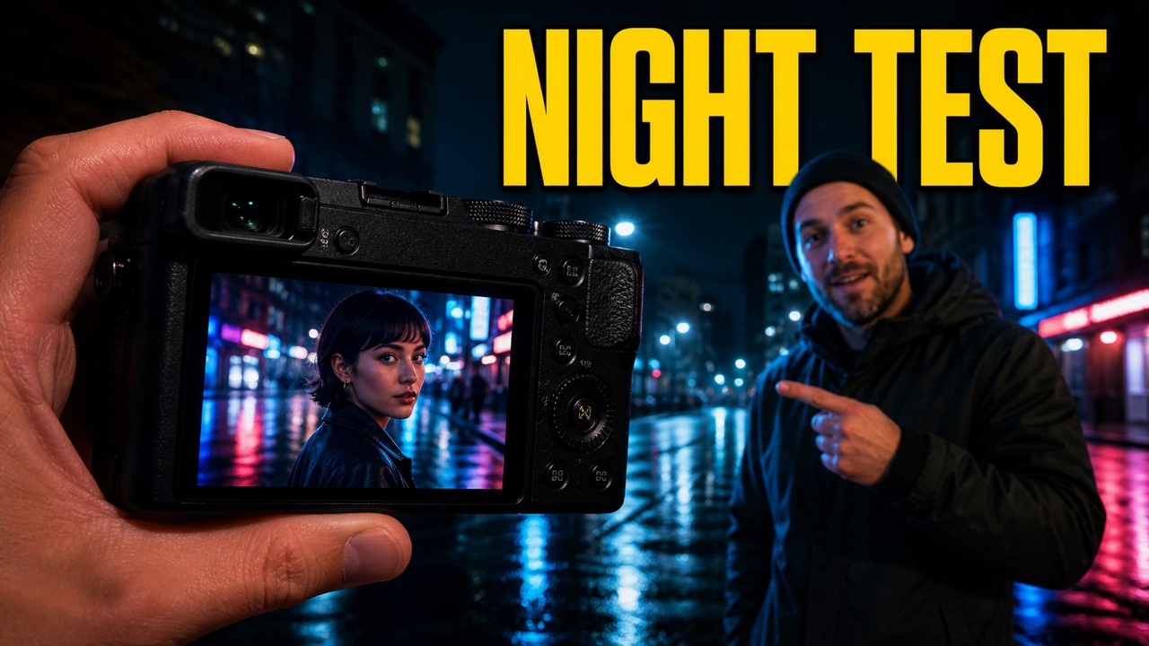 YouTube thumbnail showing a camera night test in a rainy city