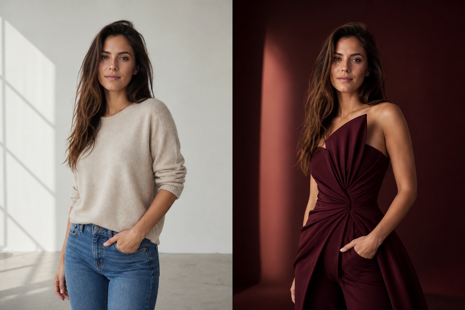 Casual portrait transformed into a burgundy fashion editorial
