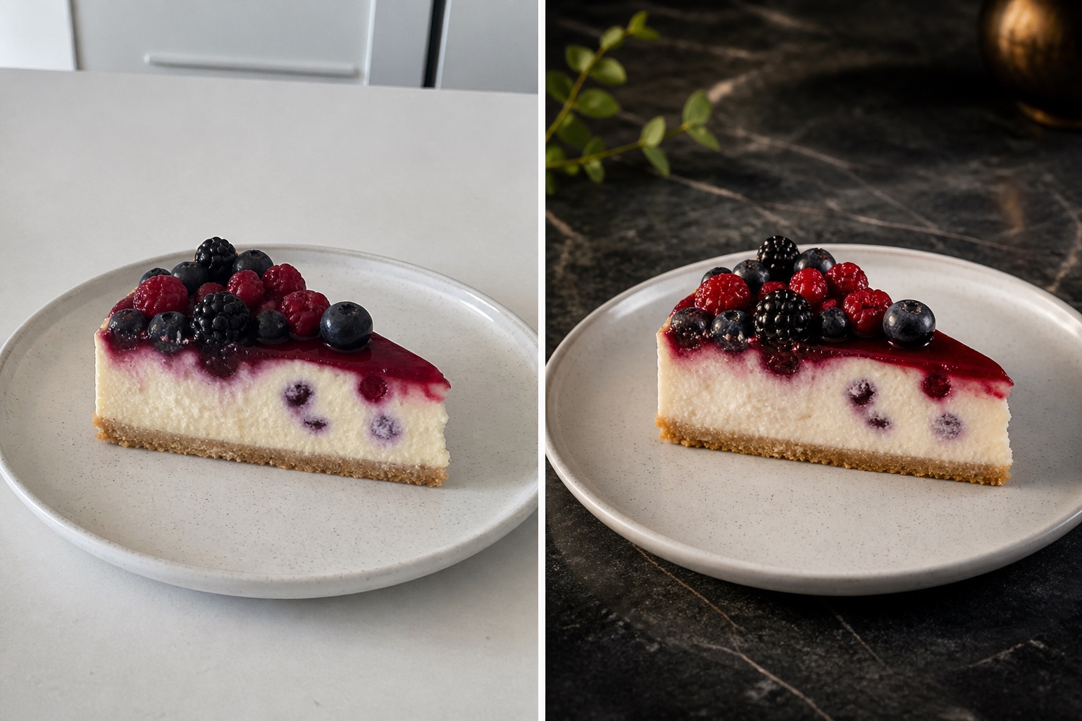 Berry cheesecake transformed from a casual photo into commercial food photography