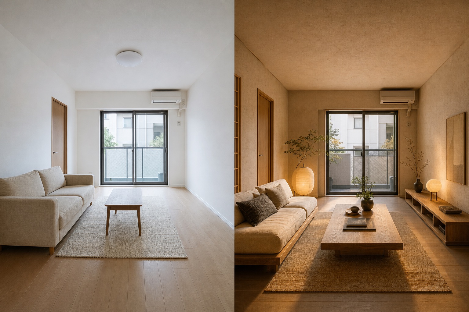Living room transformed into a Japanese-modern interior