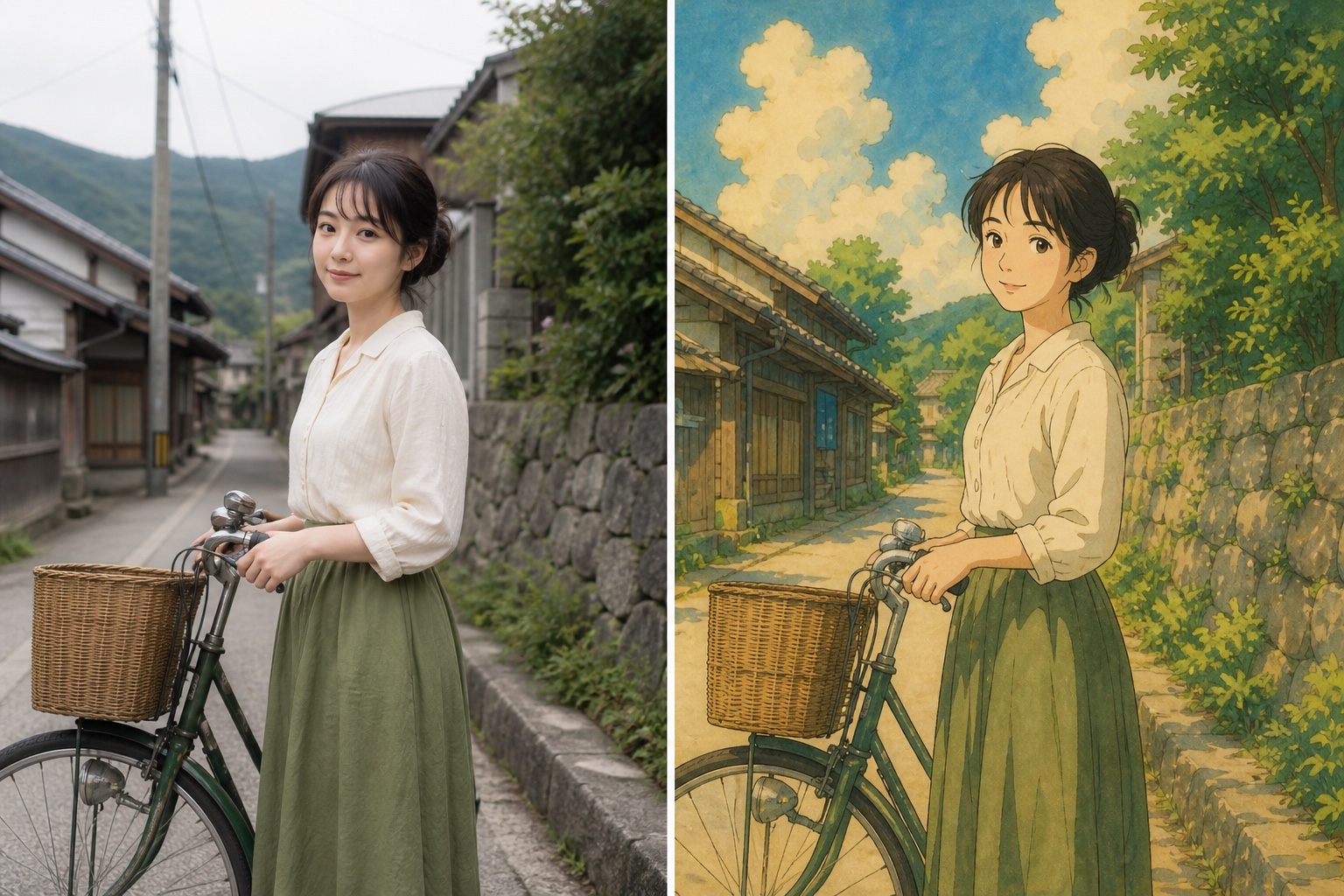 Woman with a bicycle transformed into a warm hand-painted Japanese animation scene