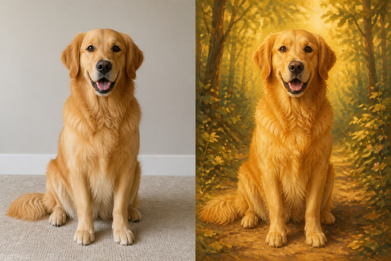 Golden retriever photo transformed into a warm storybook painting