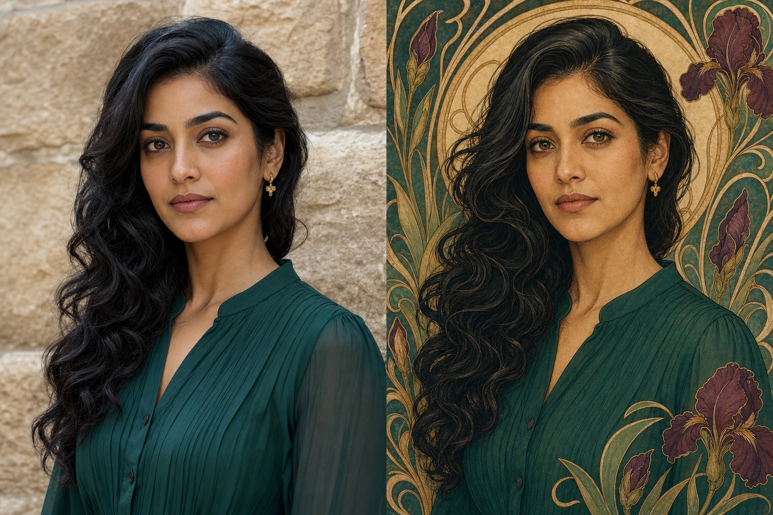 Portrait transformed from a natural photo into an Art Nouveau editorial illustration