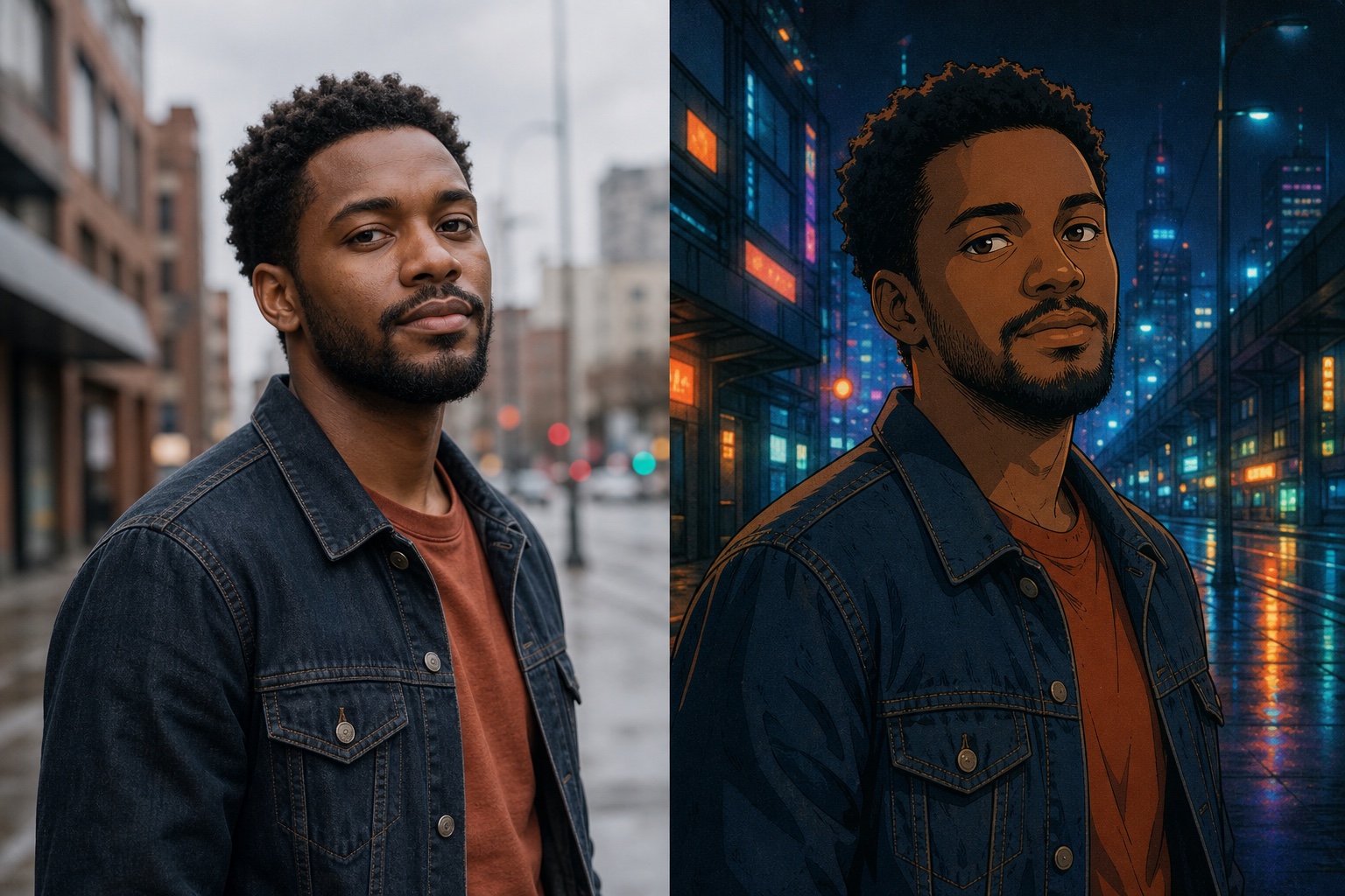 Portrait transformed from a street photo into a retro cel-animation scene