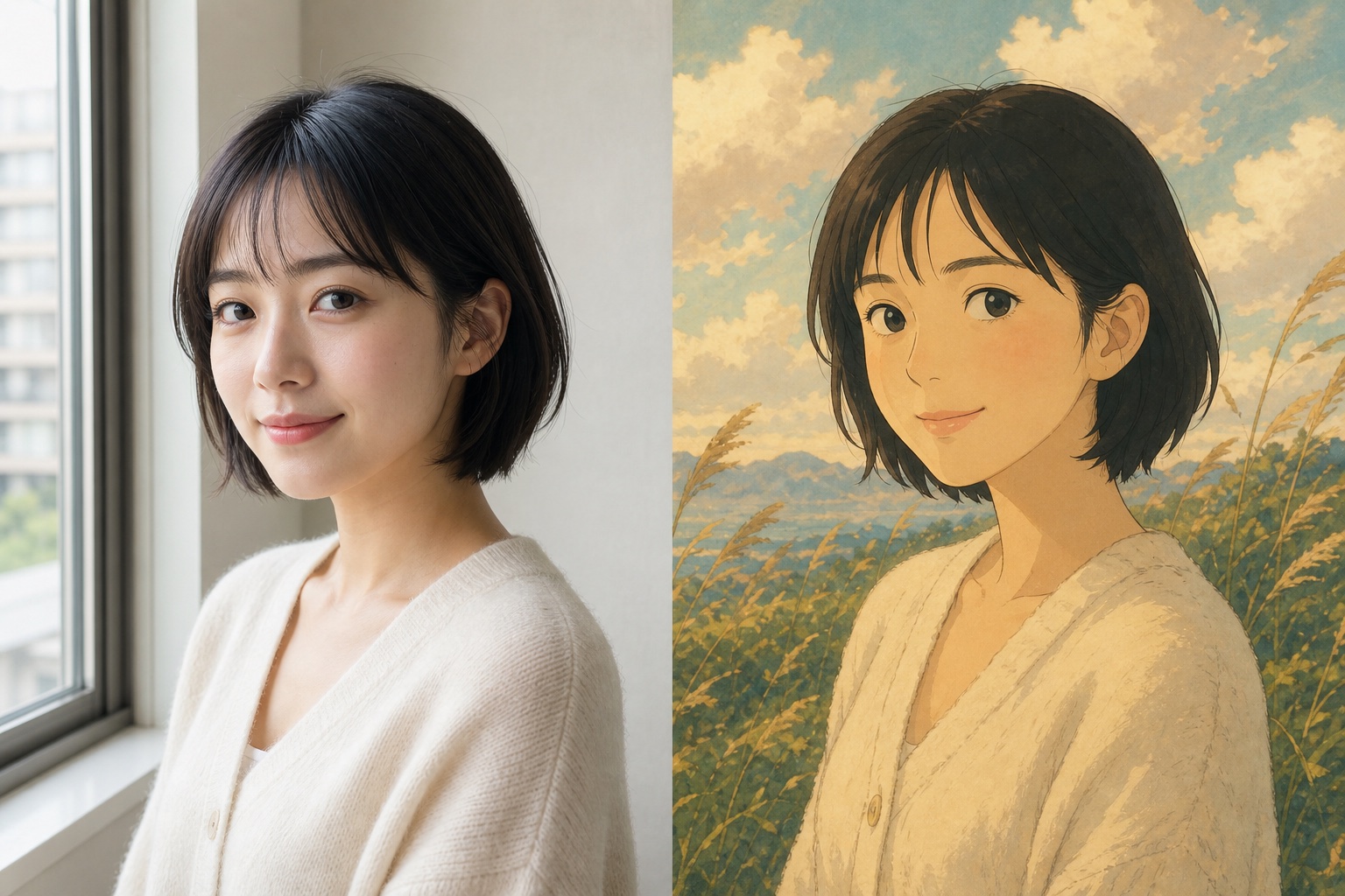Portrait transformed from a natural photo into a warm hand-painted storybook animation