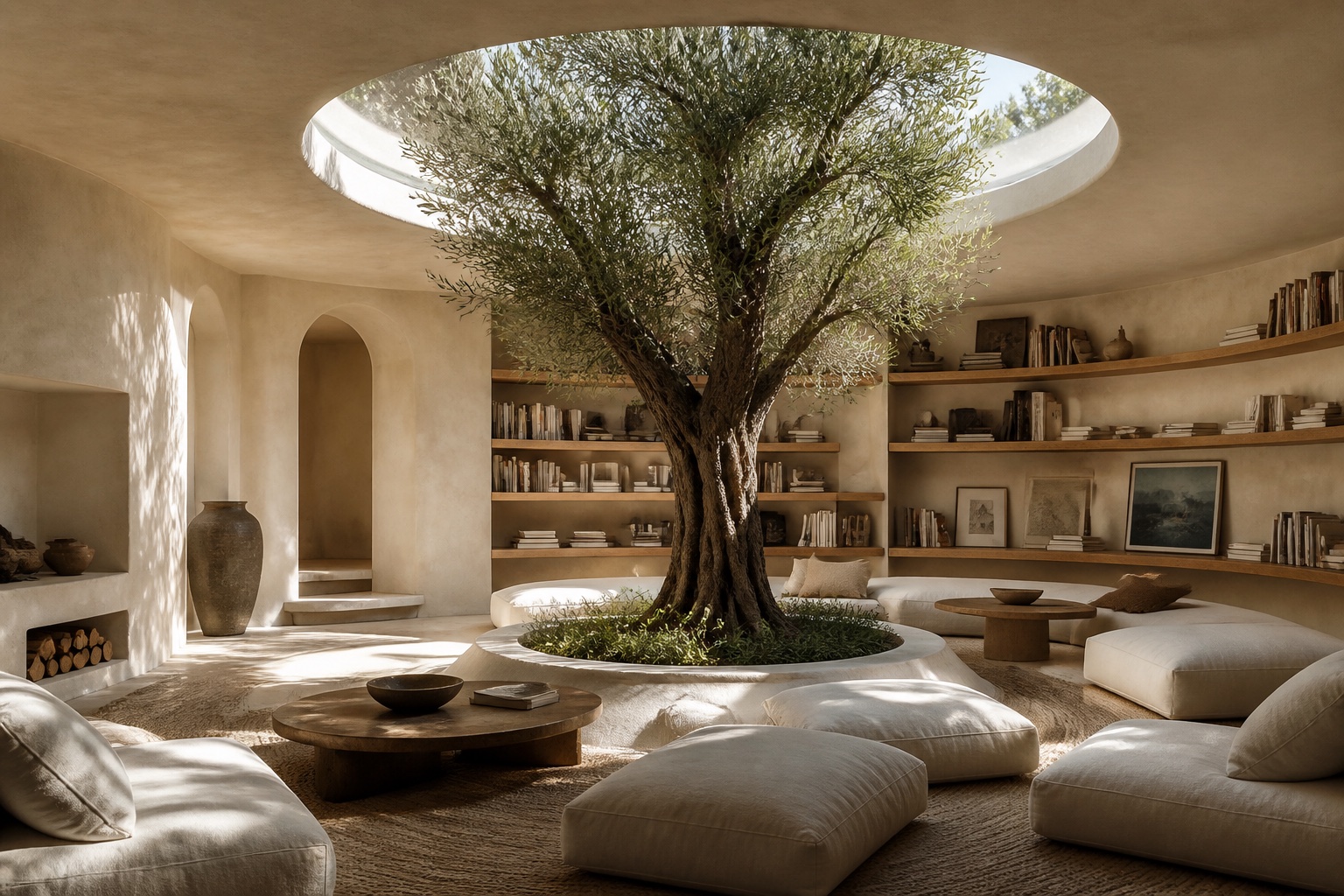 Sala de lectura luminosa construida alrededor de un olivo y generada a partir de texto