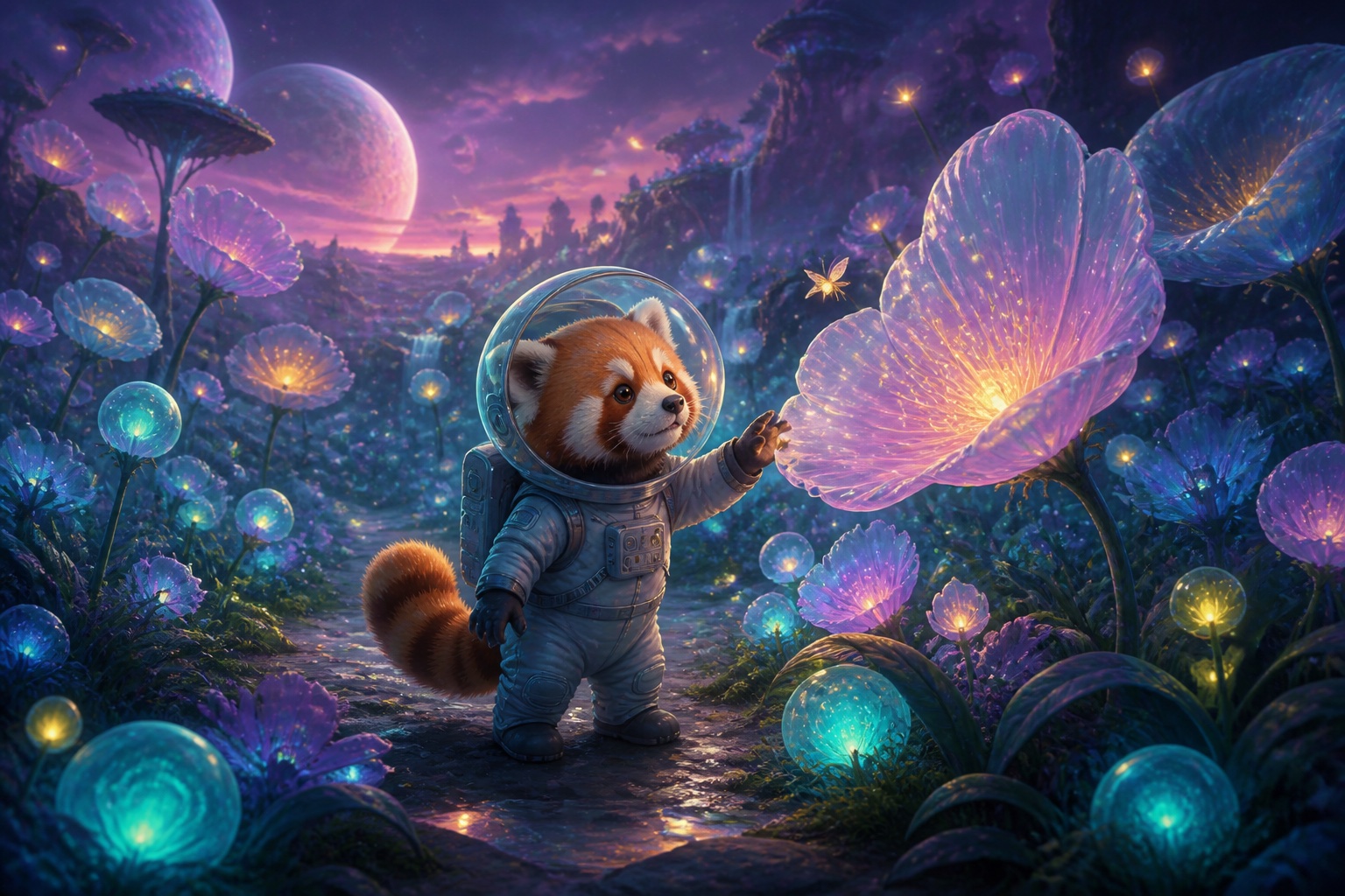 Panda rojo astronauta explorando un jardín alienígena luminoso generado a partir de texto