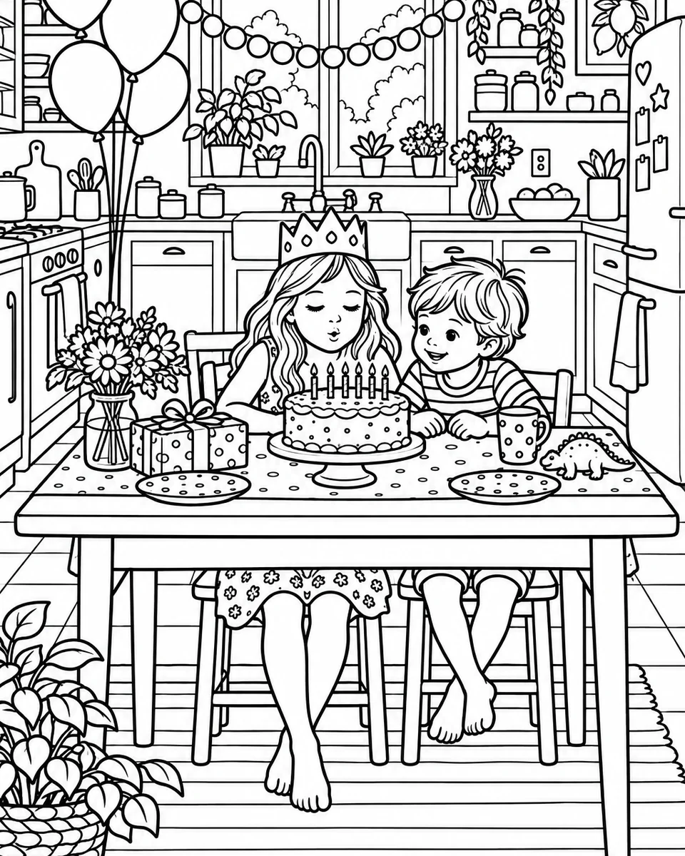 Disegno da colorare dei due bambini al tavolo del compleanno con torta, palloncini e cucina in contorni neri