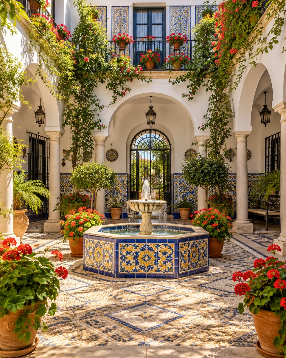 Photo: Detailed coloring page of the courtyard with tile patterns, arches, plants and the fountain in fine lines