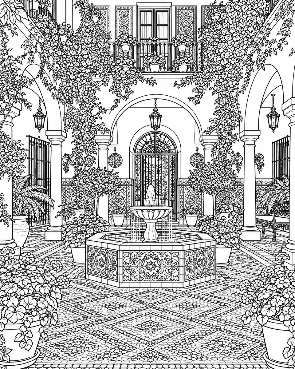 Coloring page: Detailed coloring page of the courtyard with tile patterns, arches, plants and the fountain in fine lines