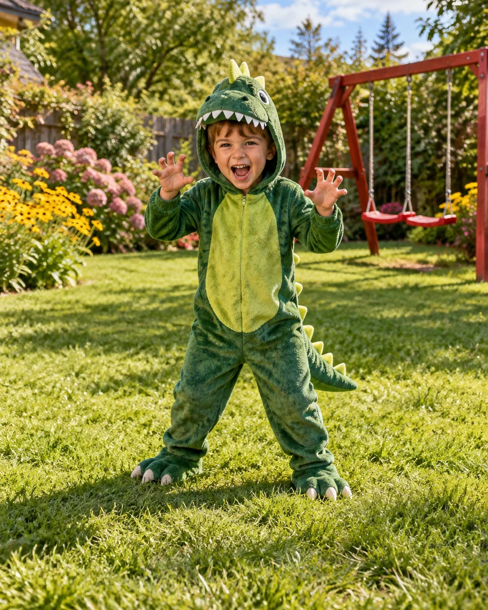Photo: Simple coloring page of the boy in the dinosaur costume with thick outlines and a few background shapes