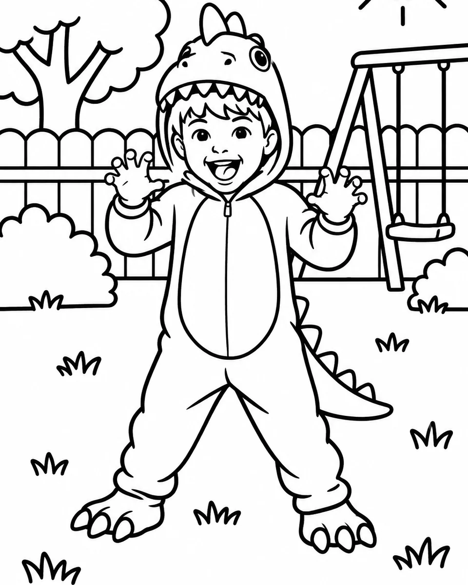Coloring page: Simple coloring page of the boy in the dinosaur costume with thick outlines and a few background shapes
