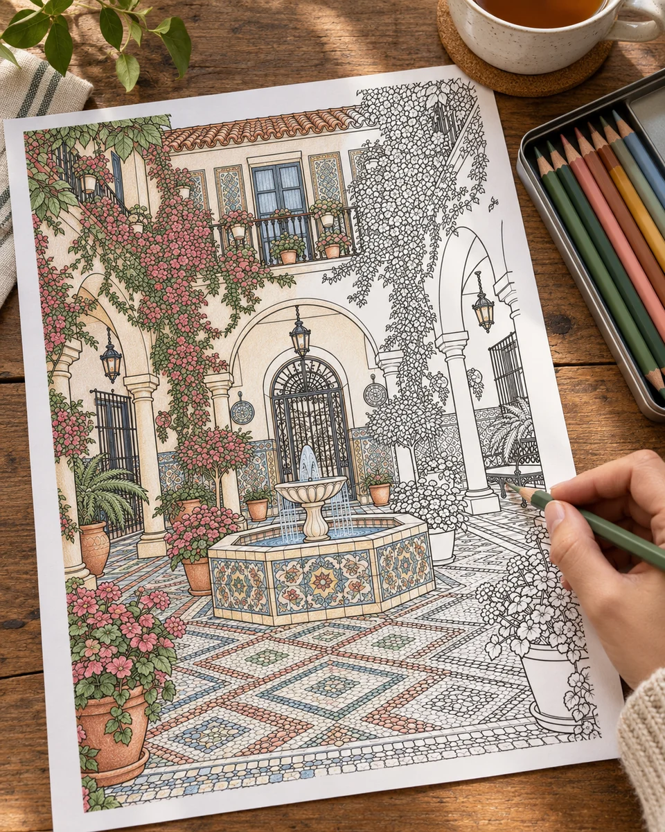 Detailed courtyard coloring page half colored with colored pencils beside a cup of tea