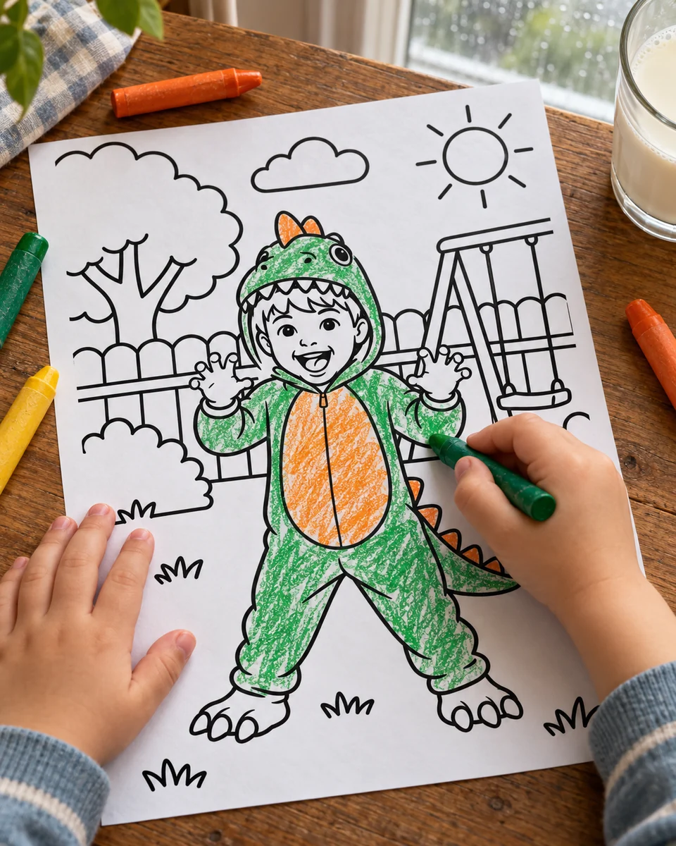 A child's hands coloring a dinosaur coloring page with chunky crayons