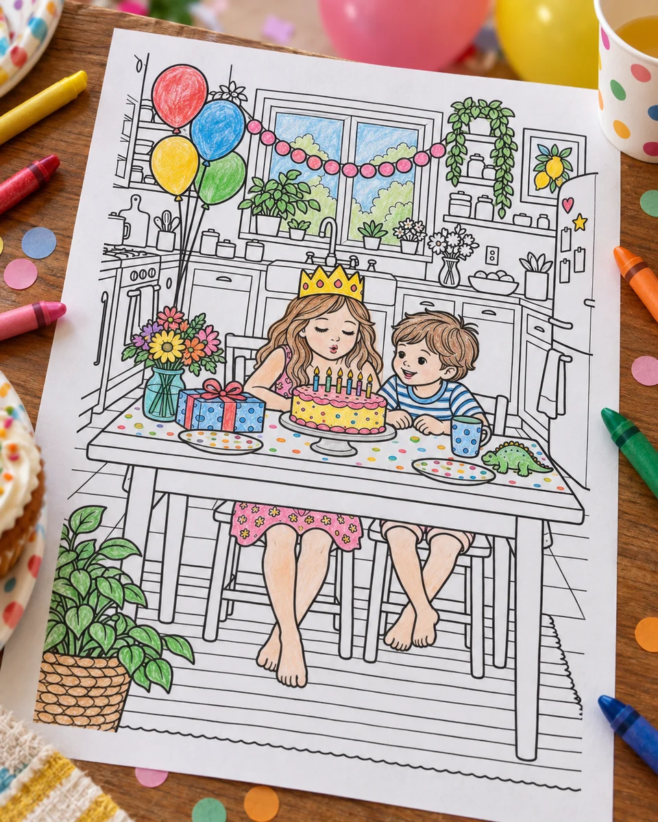 Birthday coloring page partly colored with crayons on a party table with confetti