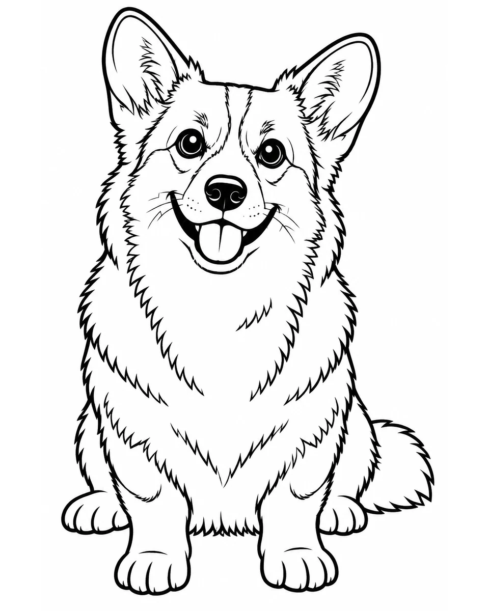 Coloring page: Coloring page of the corgi alone, centered on a white page