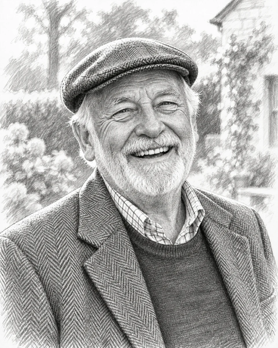 그림: 같은 웃는 노신사를 그린 흑연 연필 그림, 정원은 흰 종이 속으로 옅어짐