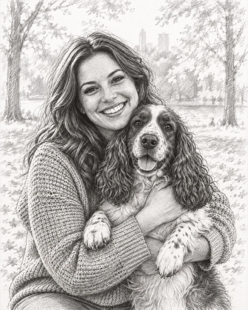 Disegno: Matita: una donna sorridente che abbraccia il suo cocker spaniel in un parco autunnale