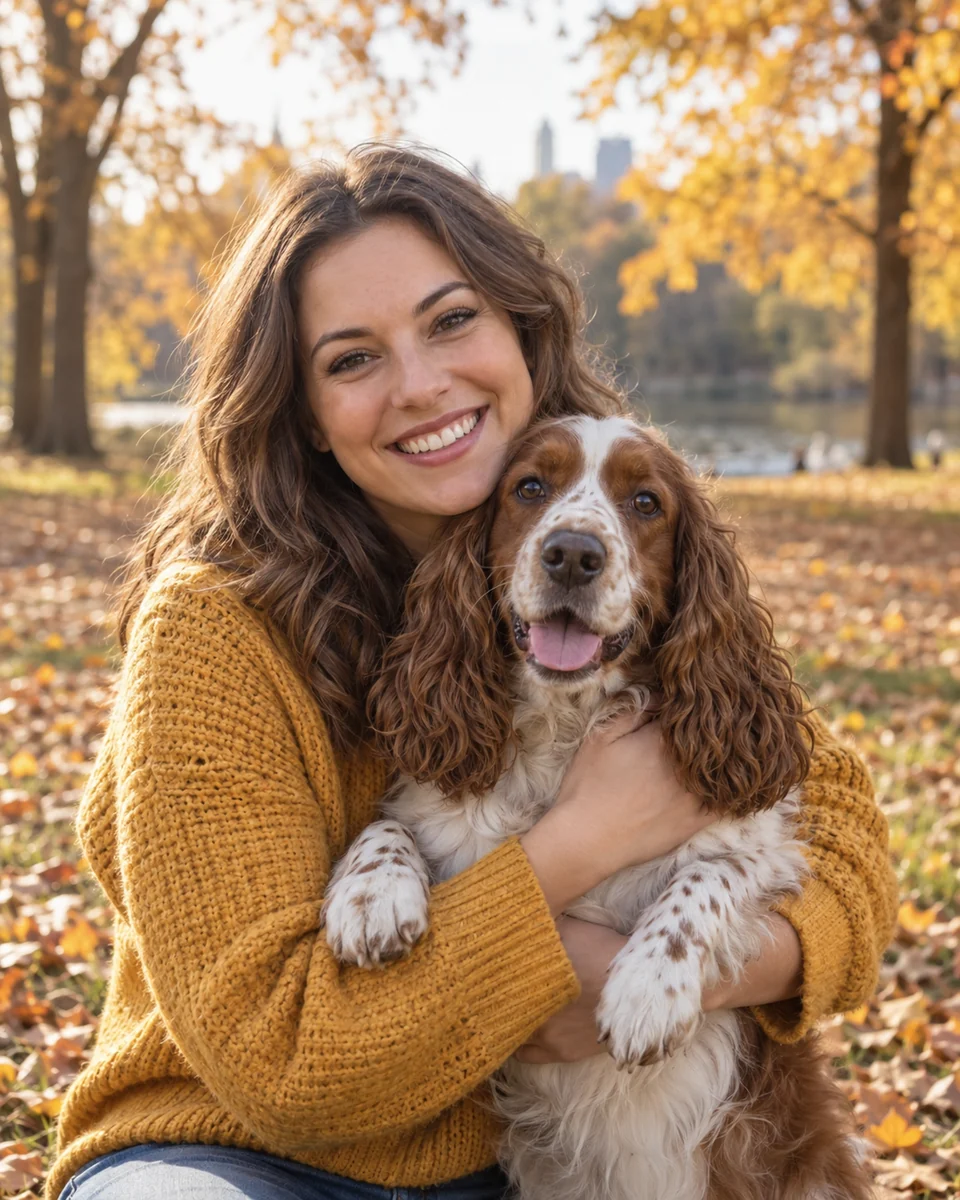 Foto: Matita: una donna sorridente che abbraccia il suo cocker spaniel in un parco autunnale