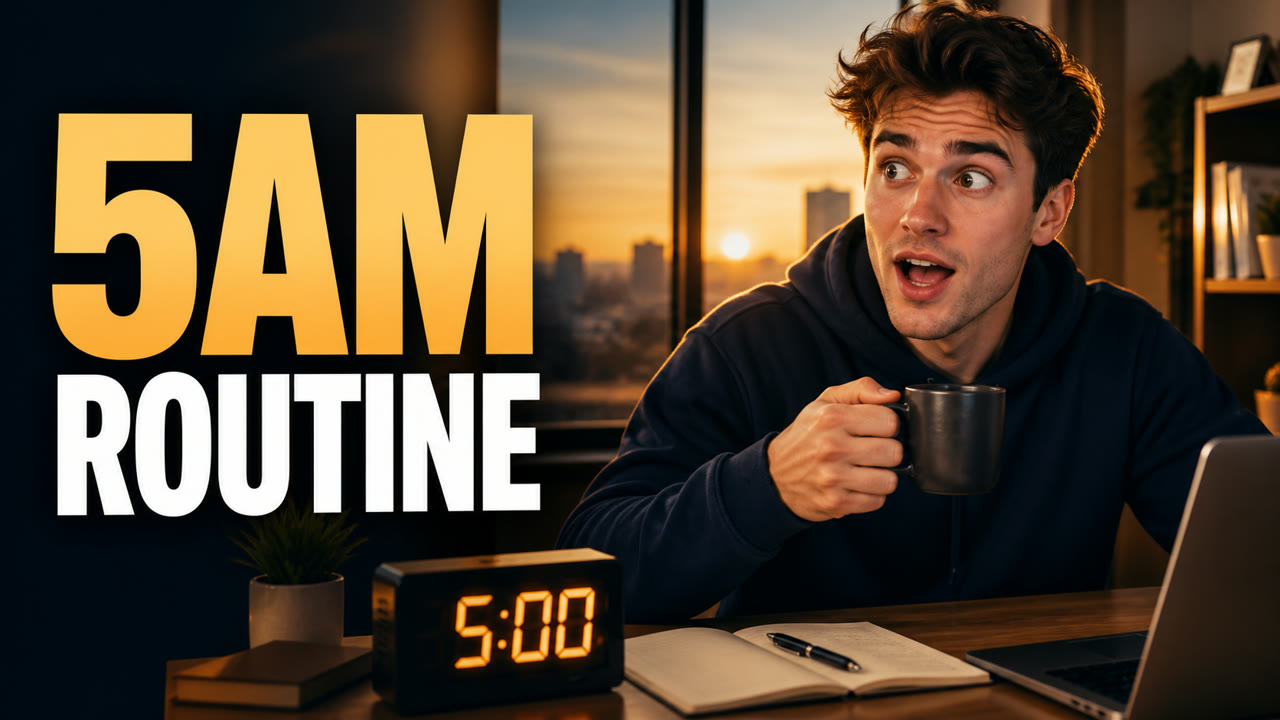 Reference YouTube thumbnail for a fictional 5 AM routine video