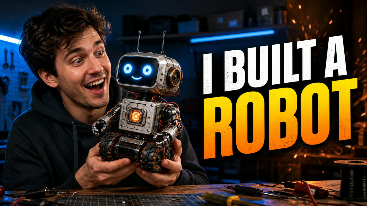 AI-generated YouTube thumbnail showing a creator holding a small robot with the words I Built a Robot