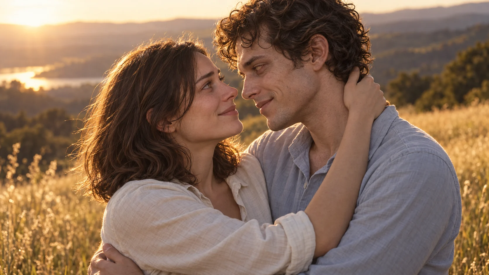 Original story illustration: the same two healthy adults embrace on a sunlit hillside