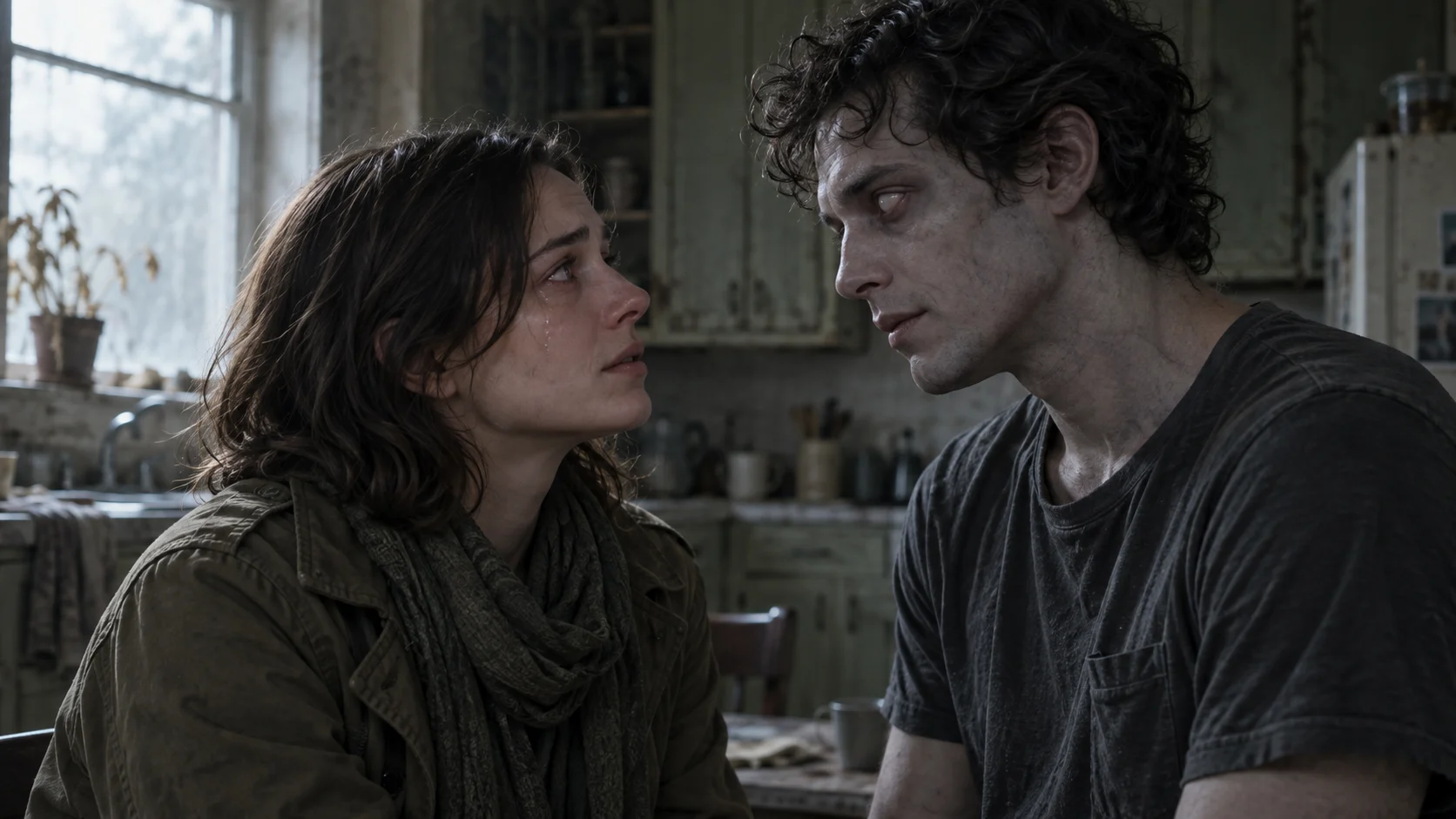 Original story illustration: a tearful survivor recognises her infected partner in a neglected kitchen